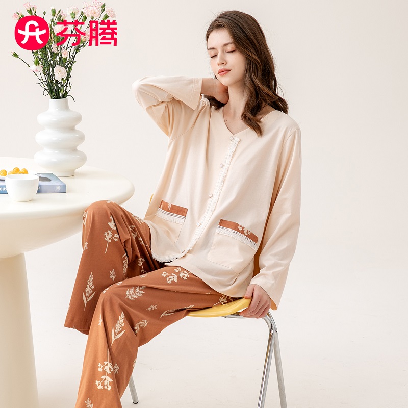 芬腾纯棉睡衣女薄款长袖宽松舒适春季家居服FJ26910369