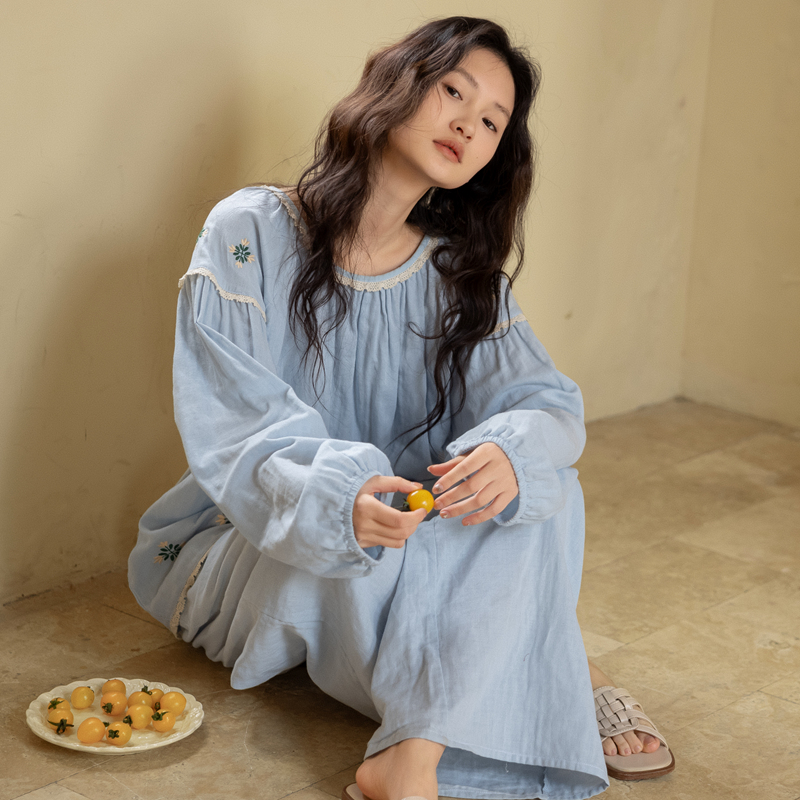 族玛士睡衣女春秋夏2025新款全棉纯棉纱布全棉刺绣长袖家居服套装