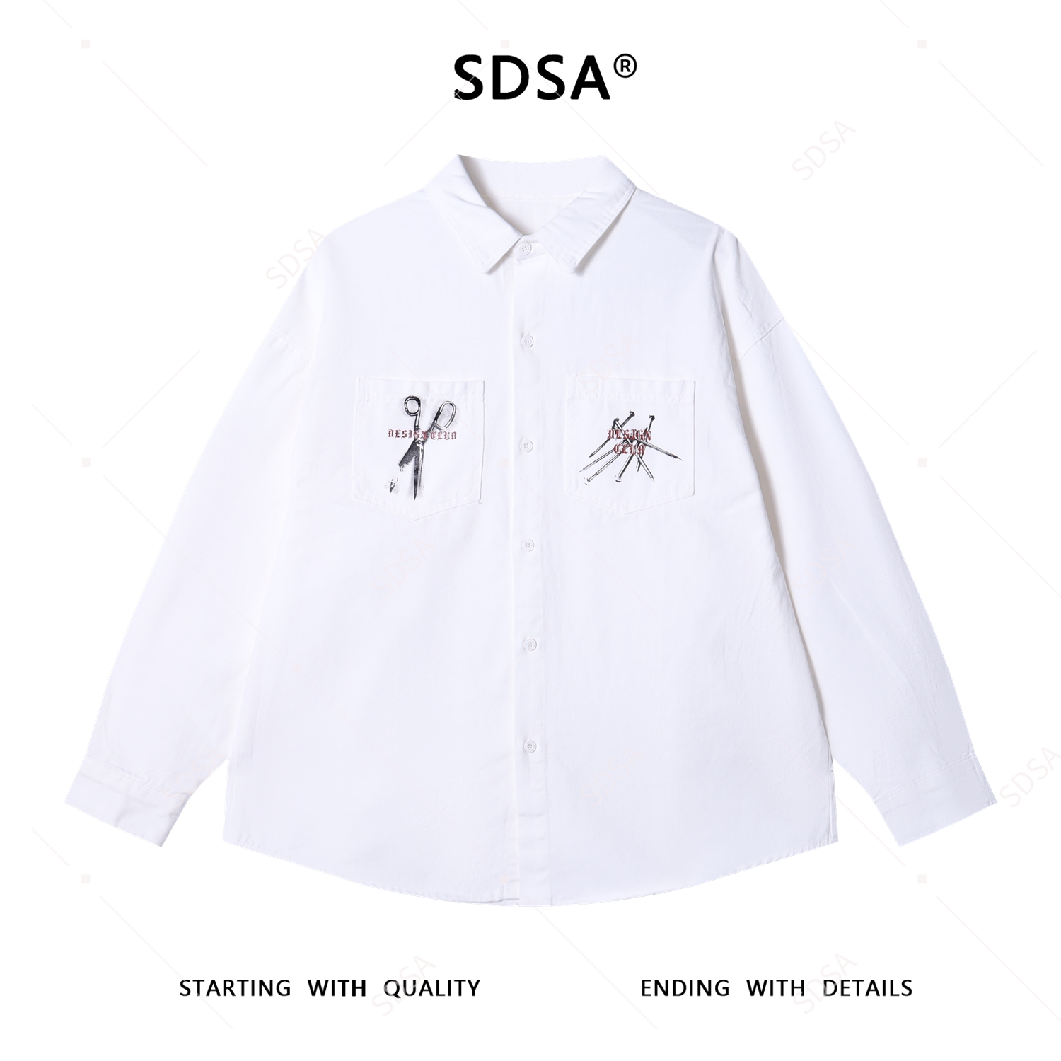 SDSA男士秋冬新款痞帅男装潮牌剪刀印花衬衣衬衫简约宽松时尚衬衣