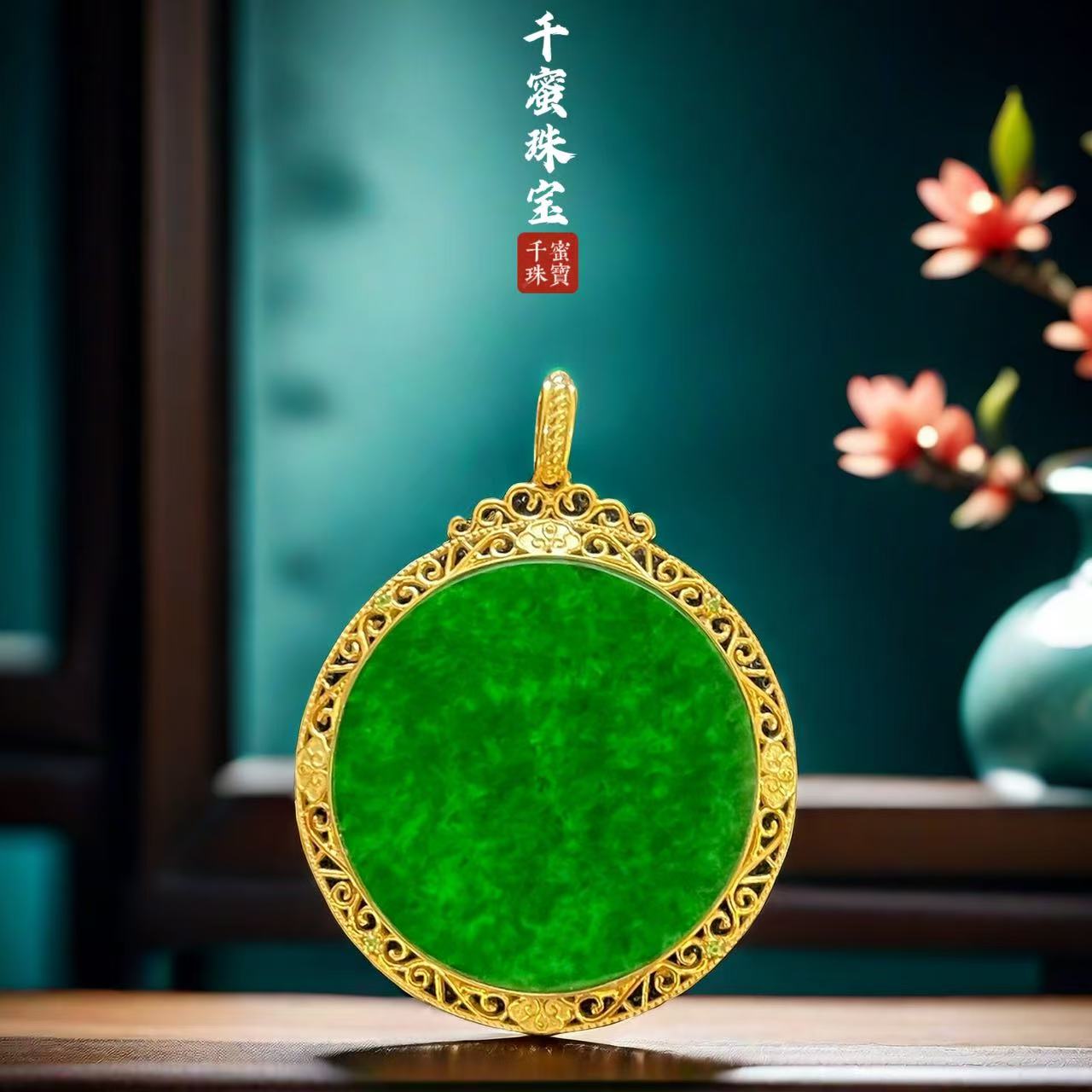 18k天然缅甸A货翡翠欢天喜地圆牌吊坠
