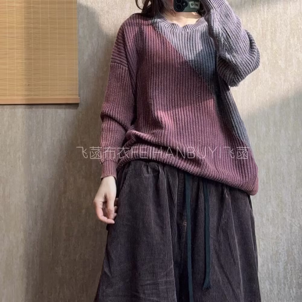 秋冬百搭拼色拼接宽松休闲毛衣