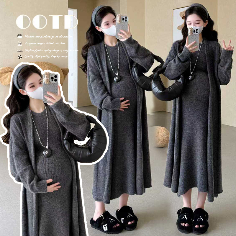 YNVO时尚~韩系气质2025秋冬针织开衫毛衣吊带连衣裙孕妇套装