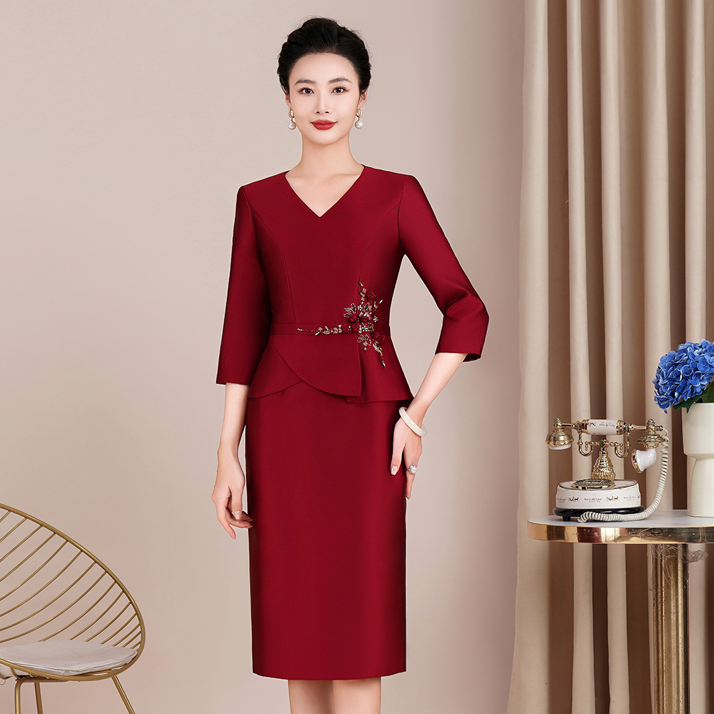 春秋高贵假两件妈妈装大号礼服夏装婚宴礼服修身大气敬酒服直摆裙