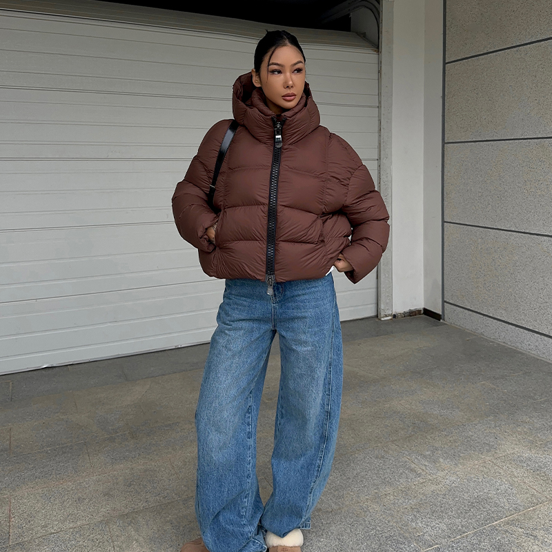 短款连帽羽绒服外套女90白鸭绒高充绒加厚冬季新款廓形保暖面包服