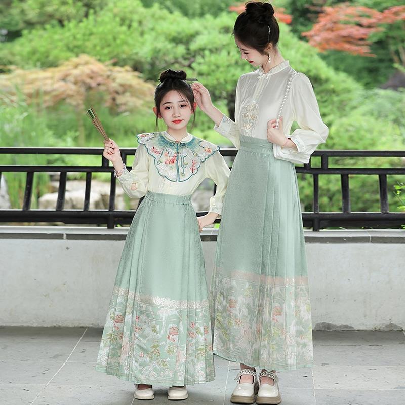亲子母女装女童汉服马面裙套装秋装中大童唐装儿童秋季古装中国风