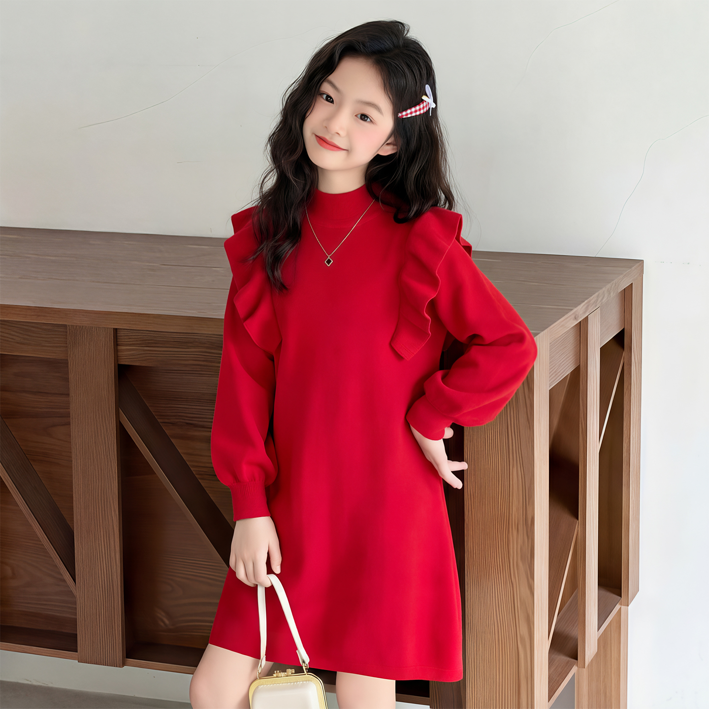 女童新年连衣裙2025新款洋气大童冬季秋冬款加绒儿童红色毛衣裙子