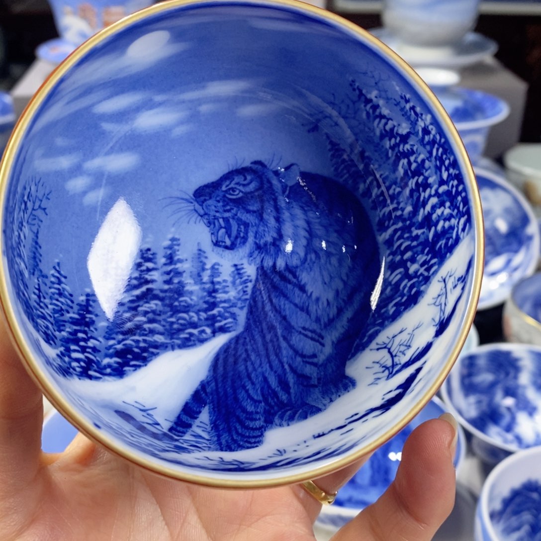 瓷片青花老虎主人杯杯