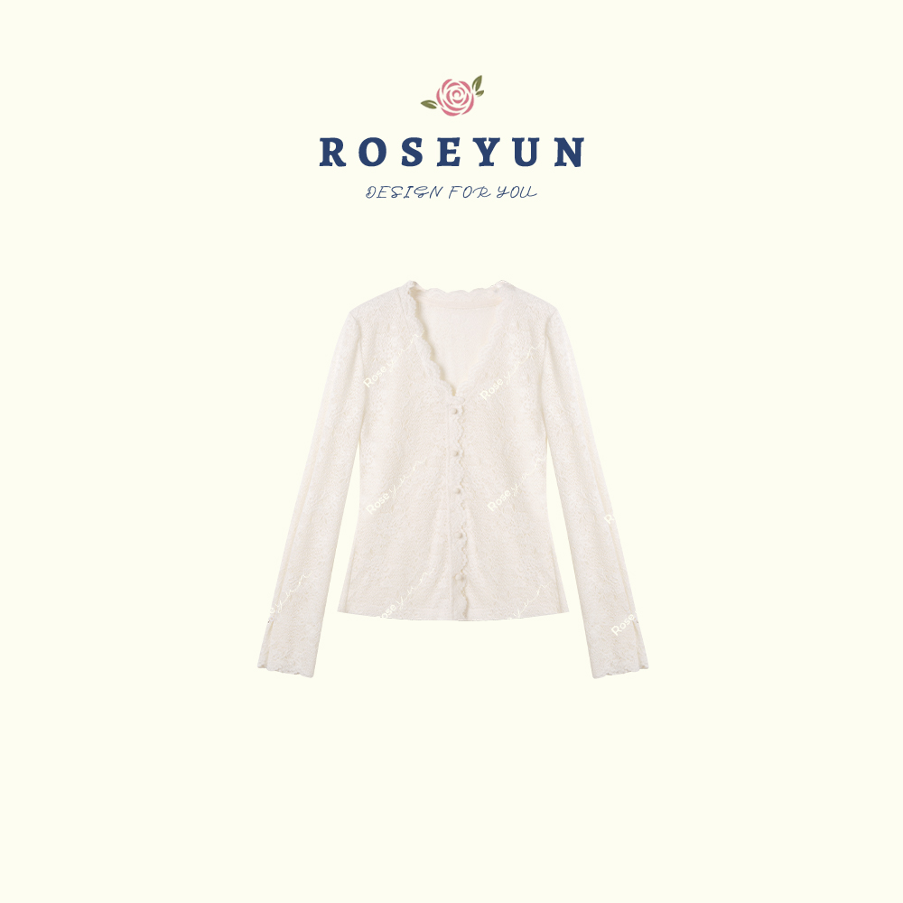 【Rose Yun】法式V领重工花边蕾丝磨毛亲肤小衫    JY115100