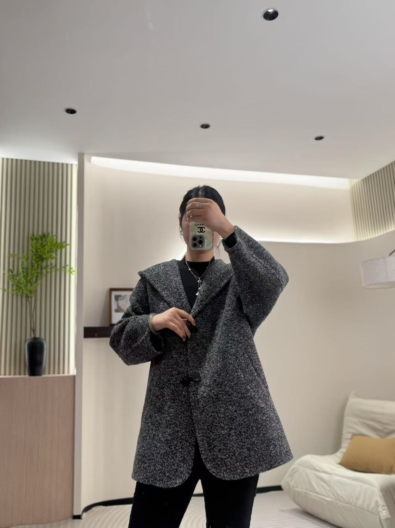 女士气质时尚百搭雪花灰羊毛大衣