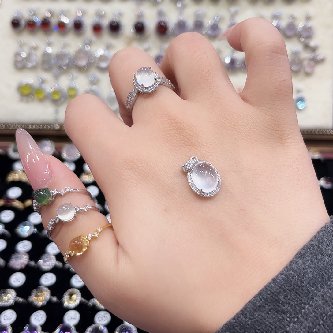 言***囍蛇纹石玉银S925镶嵌戒指一套