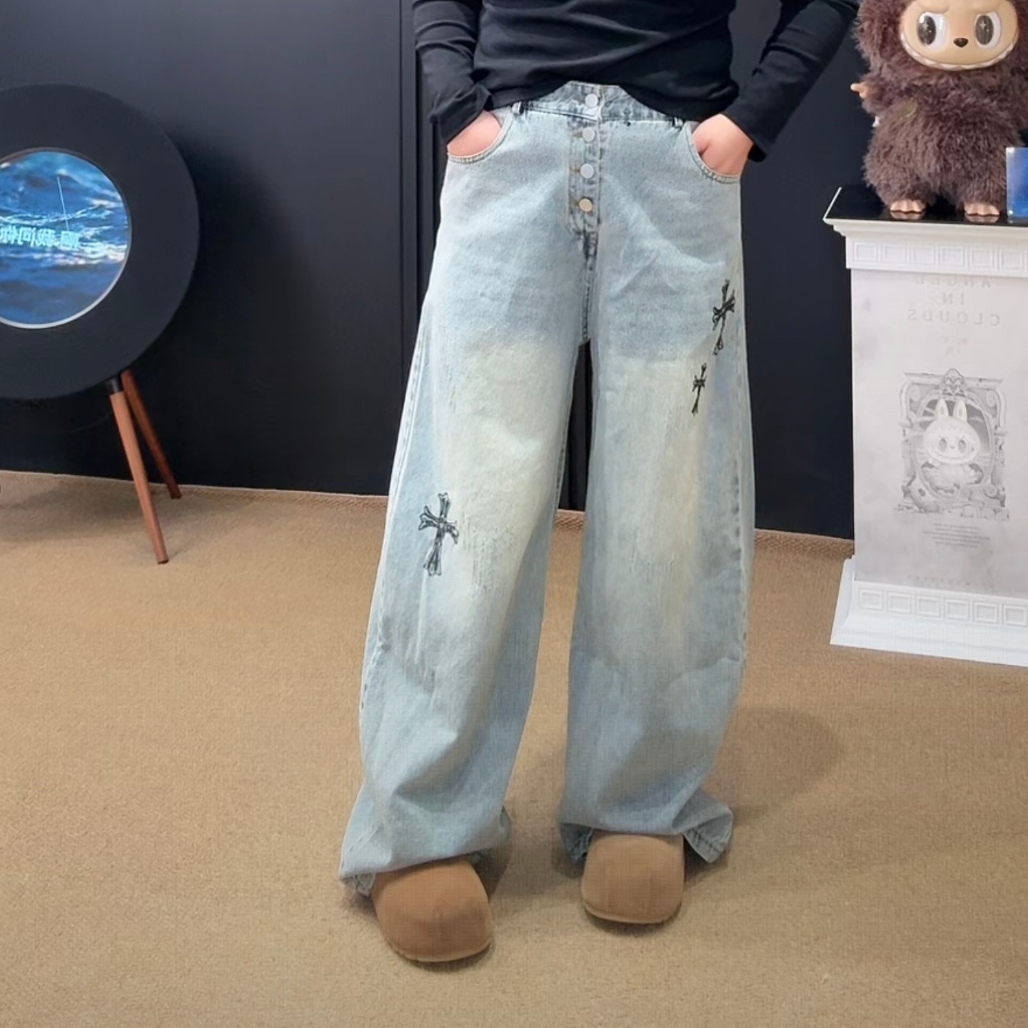 「涵涵家」美式复古十字架水洗多扣宽松显瘦牛仔裤女#3828