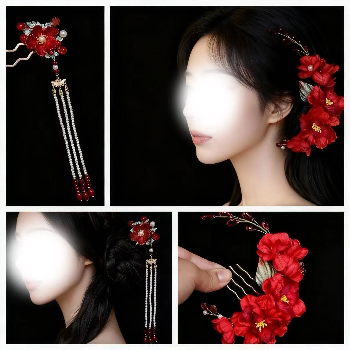 古风新中式山茶花发梳汉服红色花朵新娘造型头饰步摇发簪旗袍配饰
