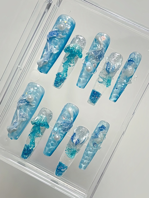 海底世界系列梦幻水母粉蓝紫4指双层空间流麻流沙手工穿戴甲