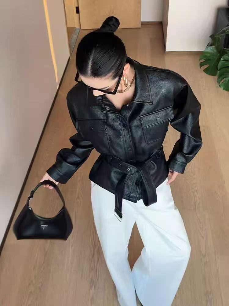 法式西装领修身型系带薄款皮衣上衣百搭短外套洋气