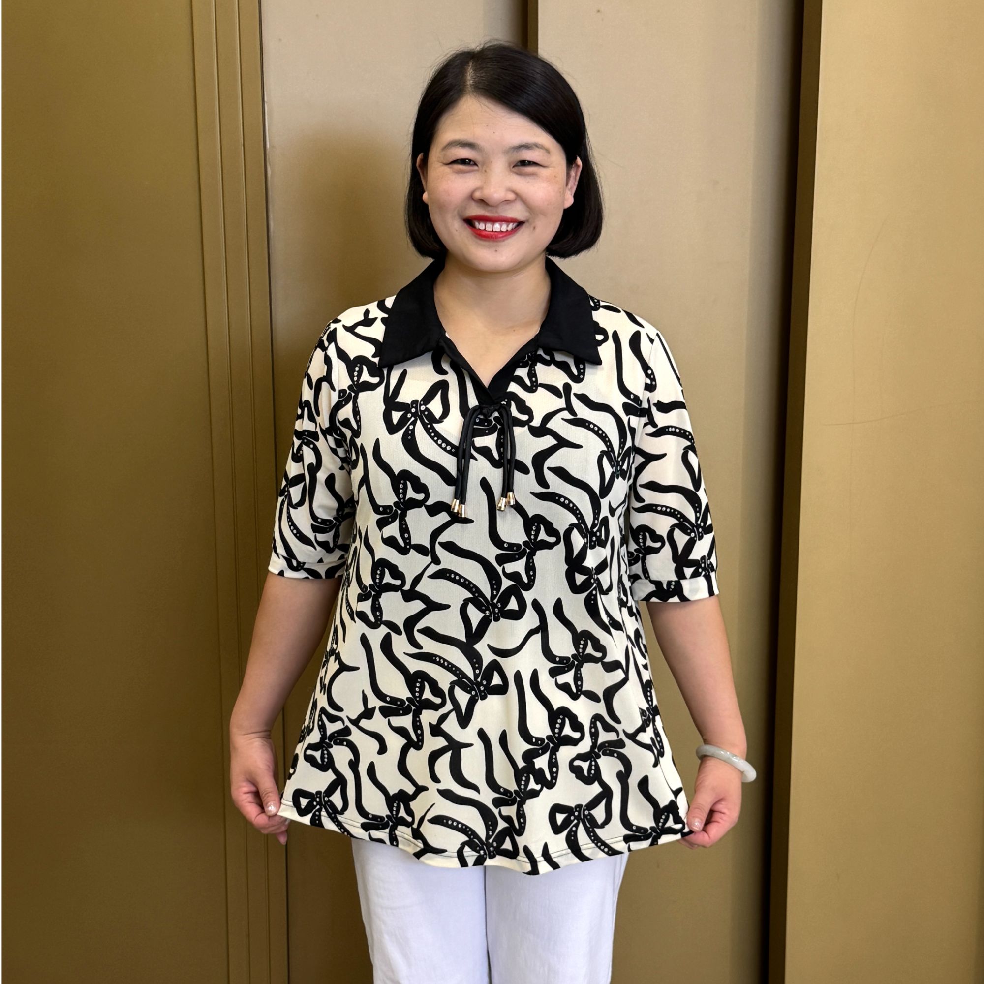 夏季新款蝴蝶结小衫气质妈妈装显瘦长袖洋气时尚夏季宽松遮肚子