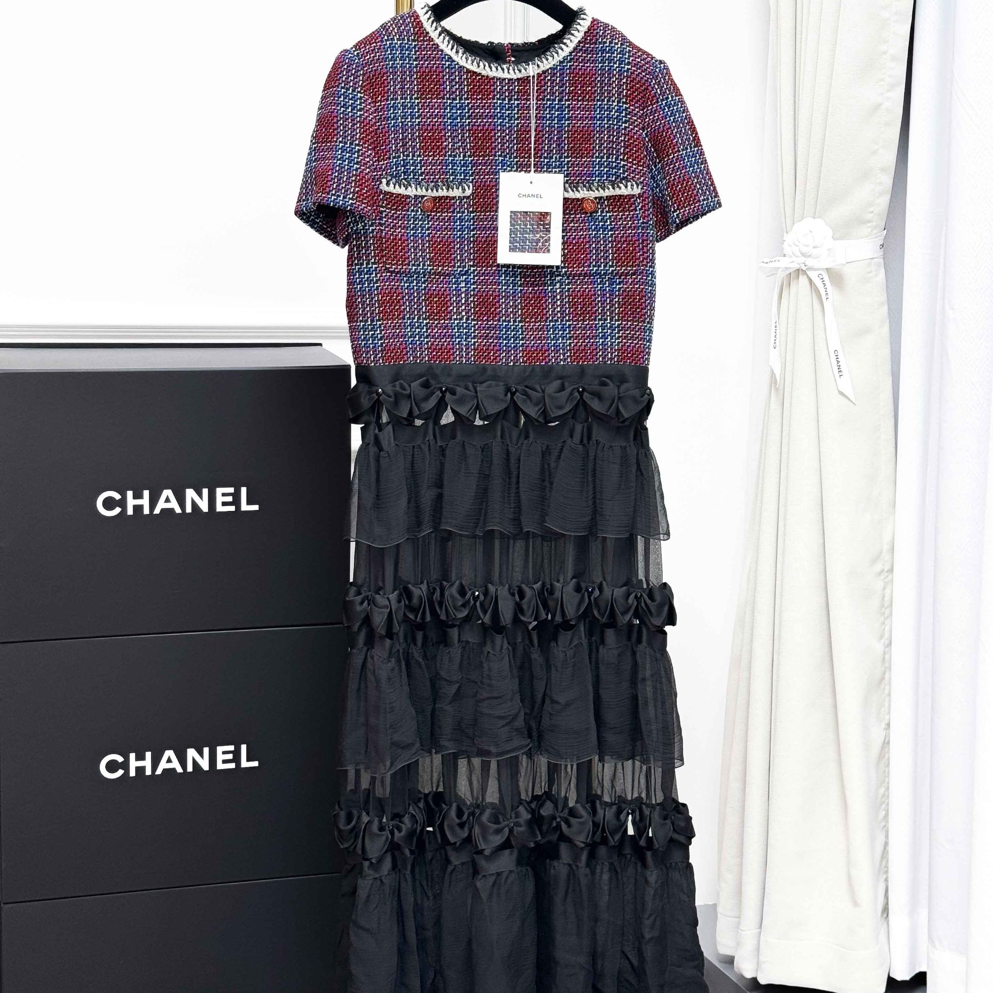 99新 Chanel/香奈儿 40码23C红蓝格纹拼接蝴蝶结桑蚕丝重工连衣裙