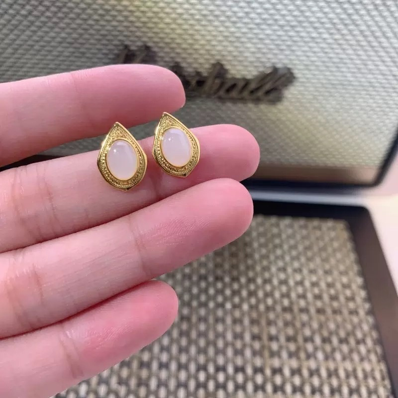 天然和田玉白玉设计款耳钉气质复古时尚耳饰s925银镶嵌