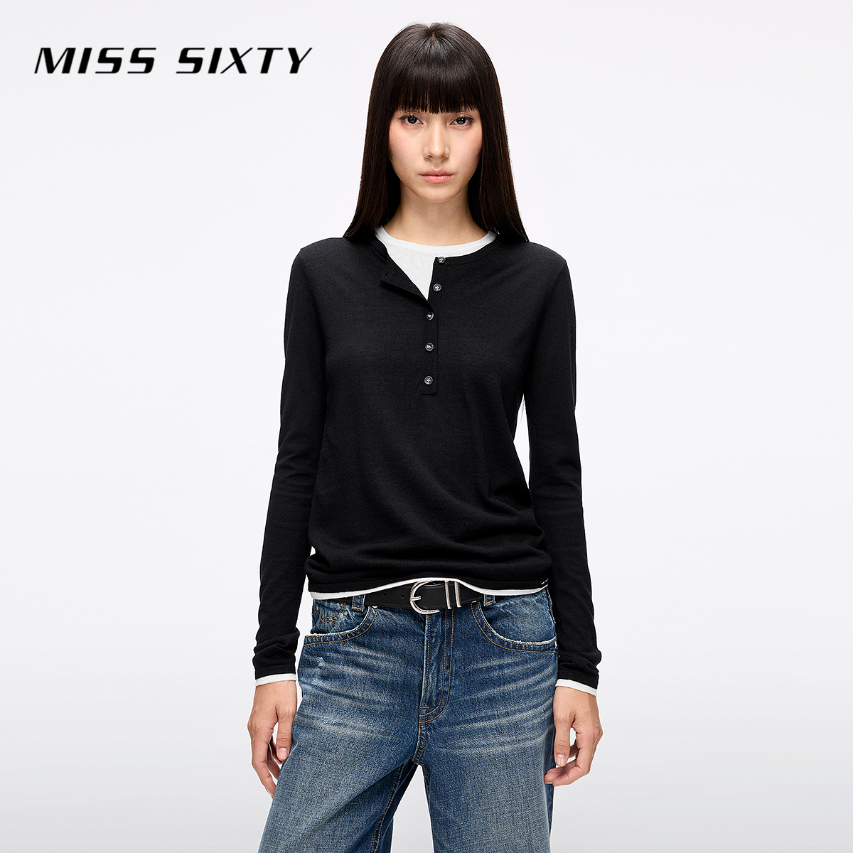 Miss Sixty2025春季新款绵羊毛混纺针织衫女假两件撞色上衣毛衣