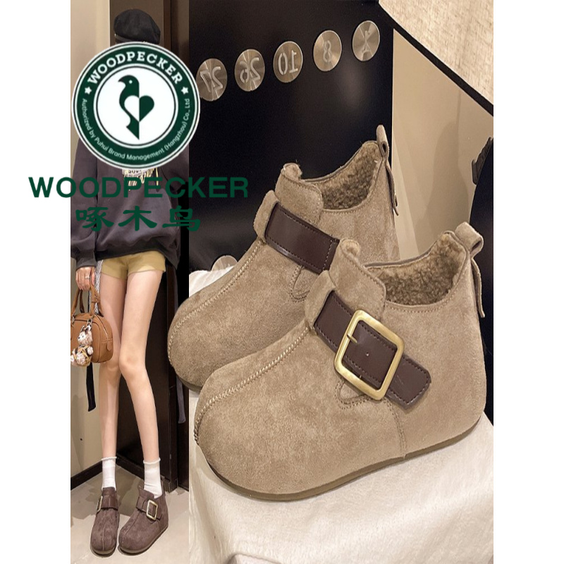  啄木鸟勃肯鞋女2025秋冬复古软底5CM小个子内增高雪地靴休闲百搭