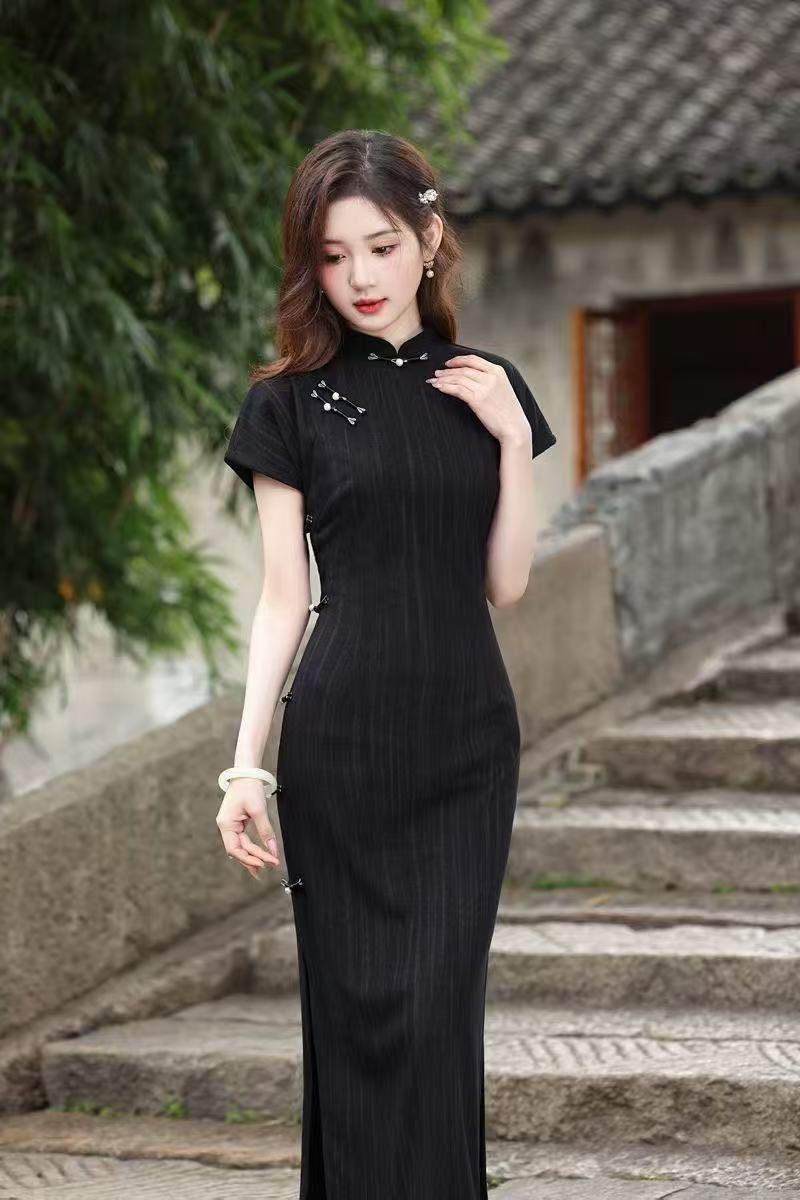 风华《黑条纹》新款夏季黑色显瘦旗袍气质时尚中长款