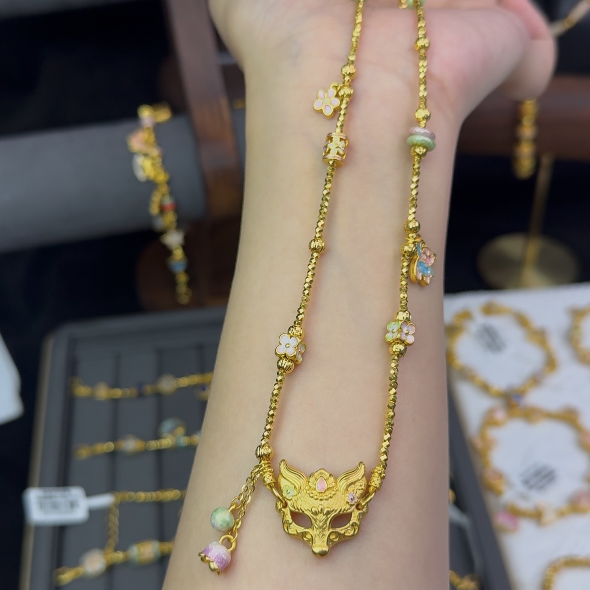 足金999珐琅彩狐狸面具小花提溜毛衣链   09220008