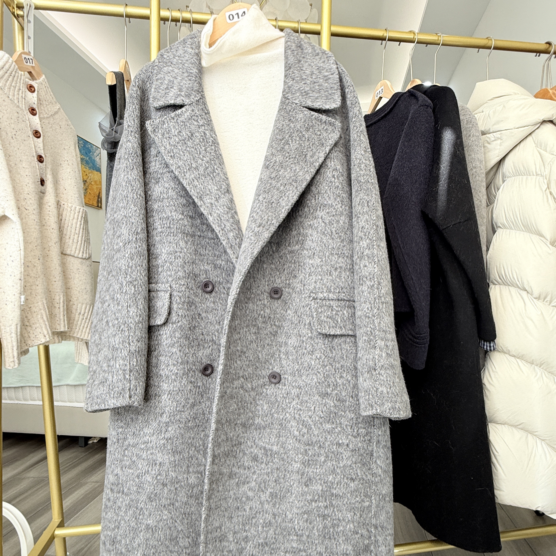 韩系文艺风秋冬双面长款西装领女士大衣