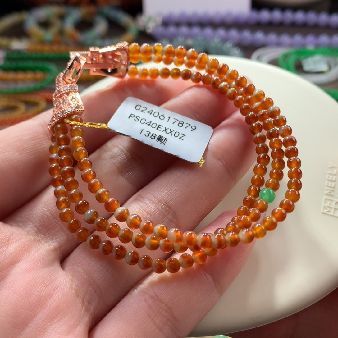 翡翠手链未镶嵌翡翠冰黄翡小米珠卡3+