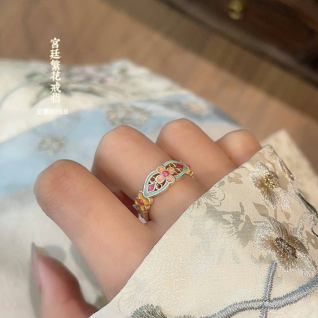 足银珐琅戒指 「花满筑」足银999.9银戒指描金彩开口指环