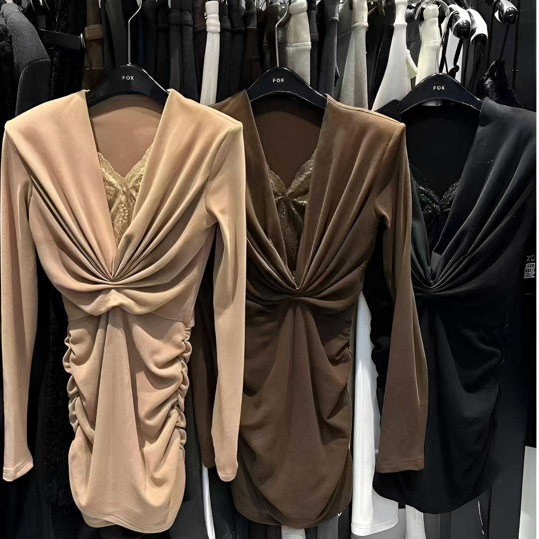 V领蕾丝小众礼服褶皱设计感连衣裙短裙1180