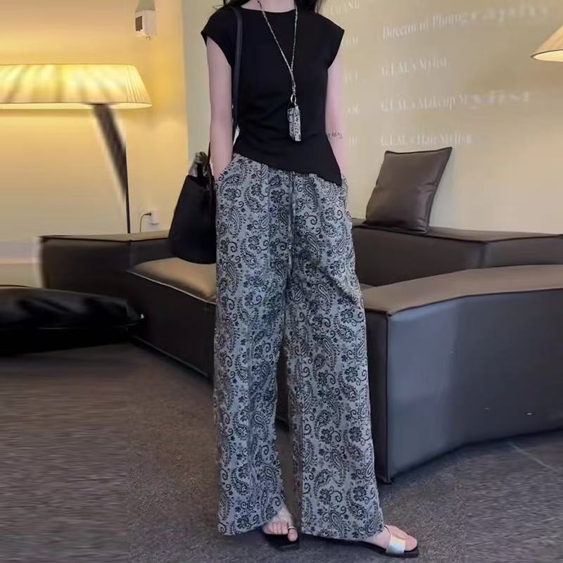 花灰色提花直筒裤女夏季新款宽松显瘦气质洋气休闲裤T恤两件套裤