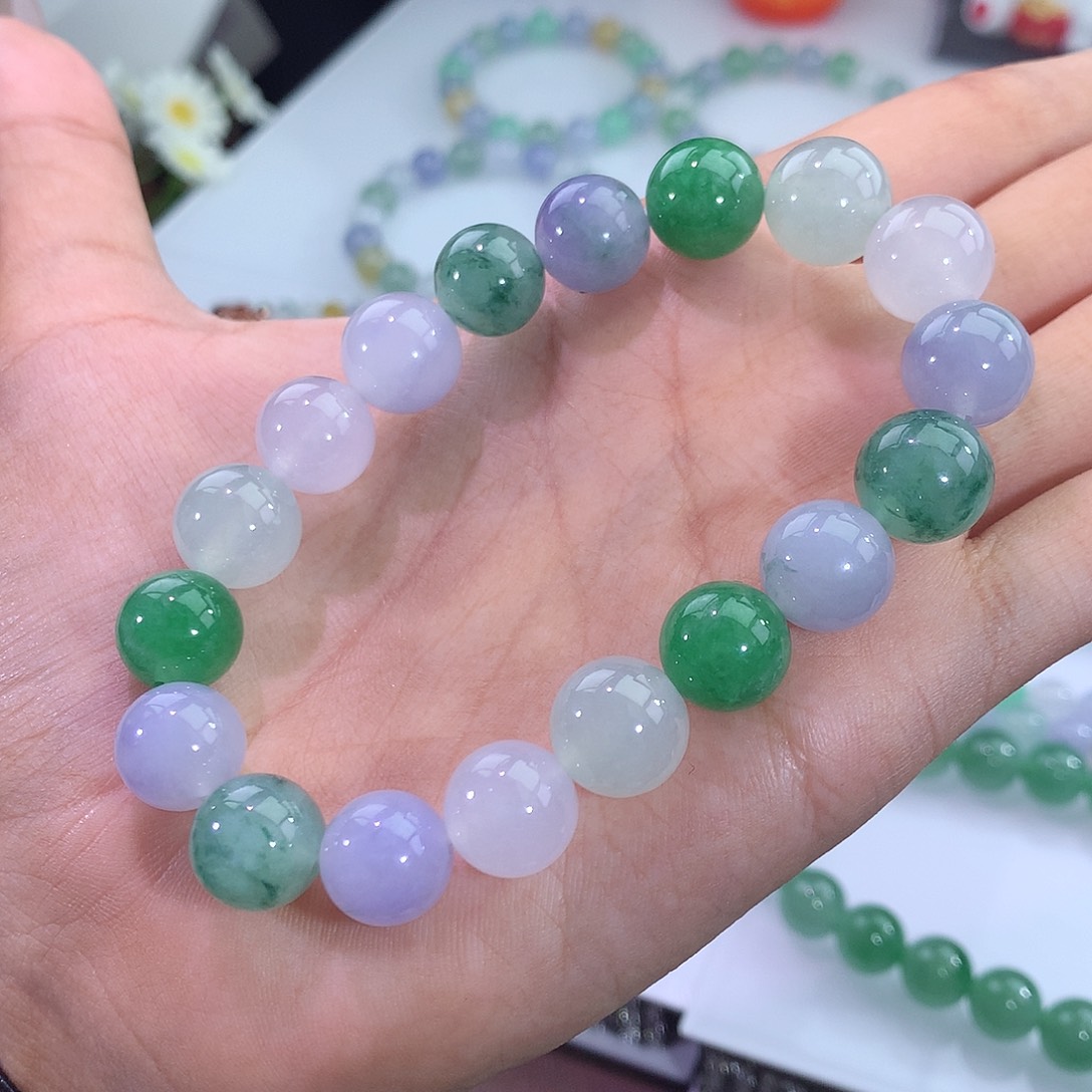 翡翠未镶嵌手链飘花马卡龙手串