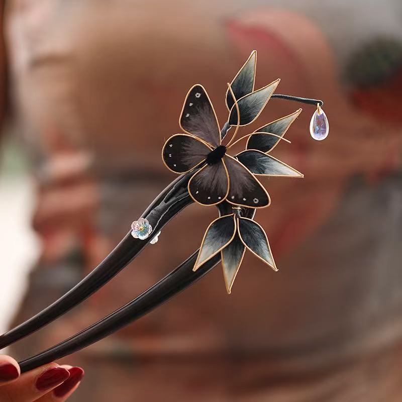 现货非遗绒花蚕丝U型檀木发簪头饰日常盘发钗古风汉服配饰发饰品