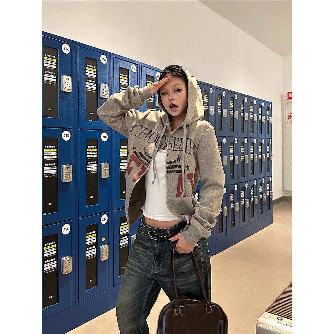 美式街头卫衣开衫女秋冬加绒做旧灰色连帽外套修身显瘦辣妹上衣