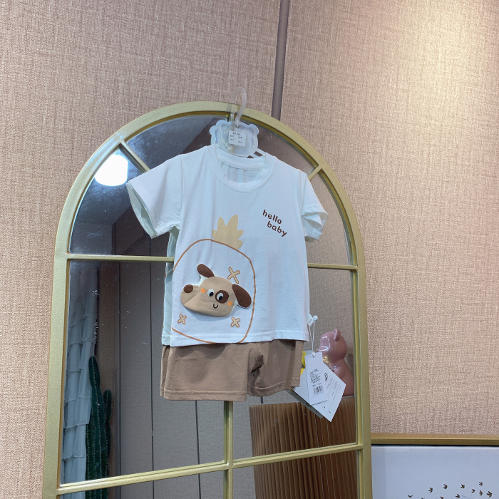 AM344   宝宝咖色小狗短袖短裤套装  夏款