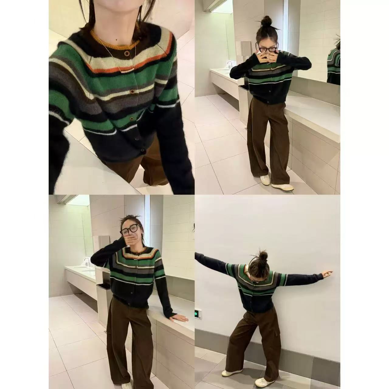 K2460 岛屿森林 复古撞色条纹针织毛衣开衫女