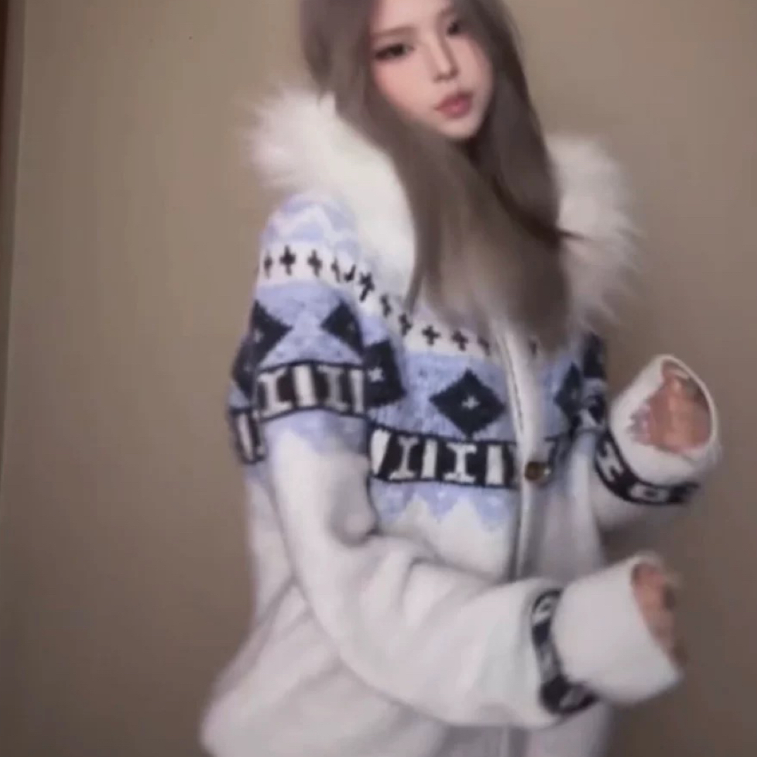 2025新款复古撞色菱格连帽抽绳牛角扣费尔岛女慵懒风宽松毛衣