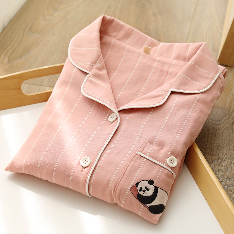 春夏纯棉女士睡衣简约小翻领双层棉纱宽松短袖长裤家居服套装