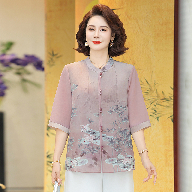 中年女夏季中袖雪纺小衫中老年妈妈夏装印花T恤2025新款洋气上衣