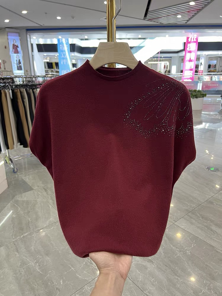早秋新款圆领烫钻红色短袖针织气质打底衫