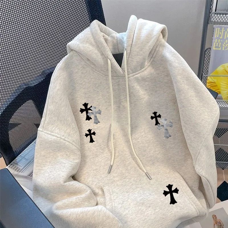 啊泽潮牌花灰色美式十字架印花连帽卫衣秋冬加绒加厚帽衫男女外套