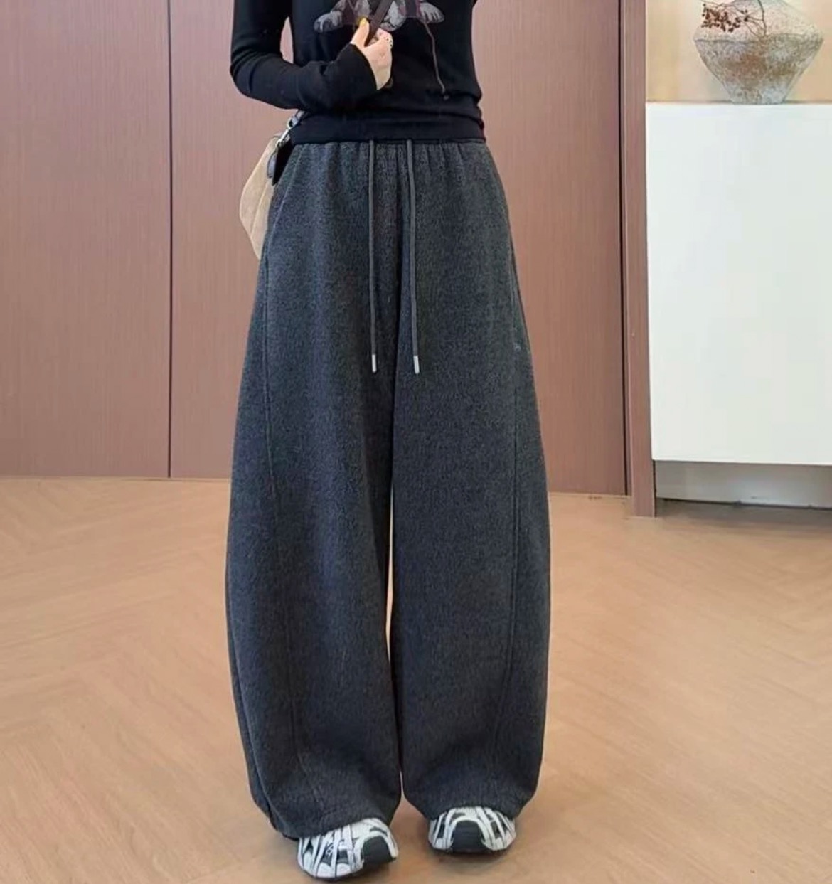 休闲裤吸汗时尚休闲阔腿裤高腰秋冬微弹加厚直筒秋季