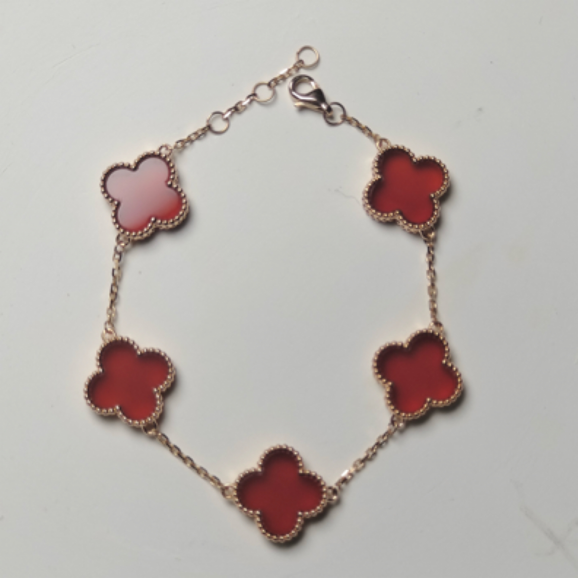 18k四叶草手链 五花红玛瑙手链 玫瑰金15妈妈（龙虾扣）重金版 