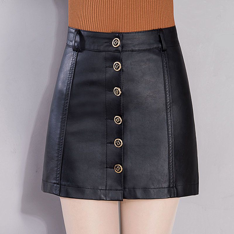 #1622【裙长35】皮短裙高腰裤防走光小皮裙女一步裙短裙单排扣A字