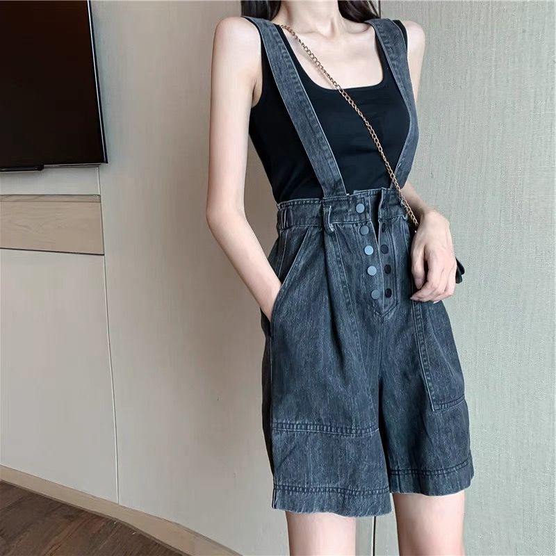 （近）2025韩系破洞牛仔背带短裤女宽松高腰显瘦阔腿热裤吊带连体裤