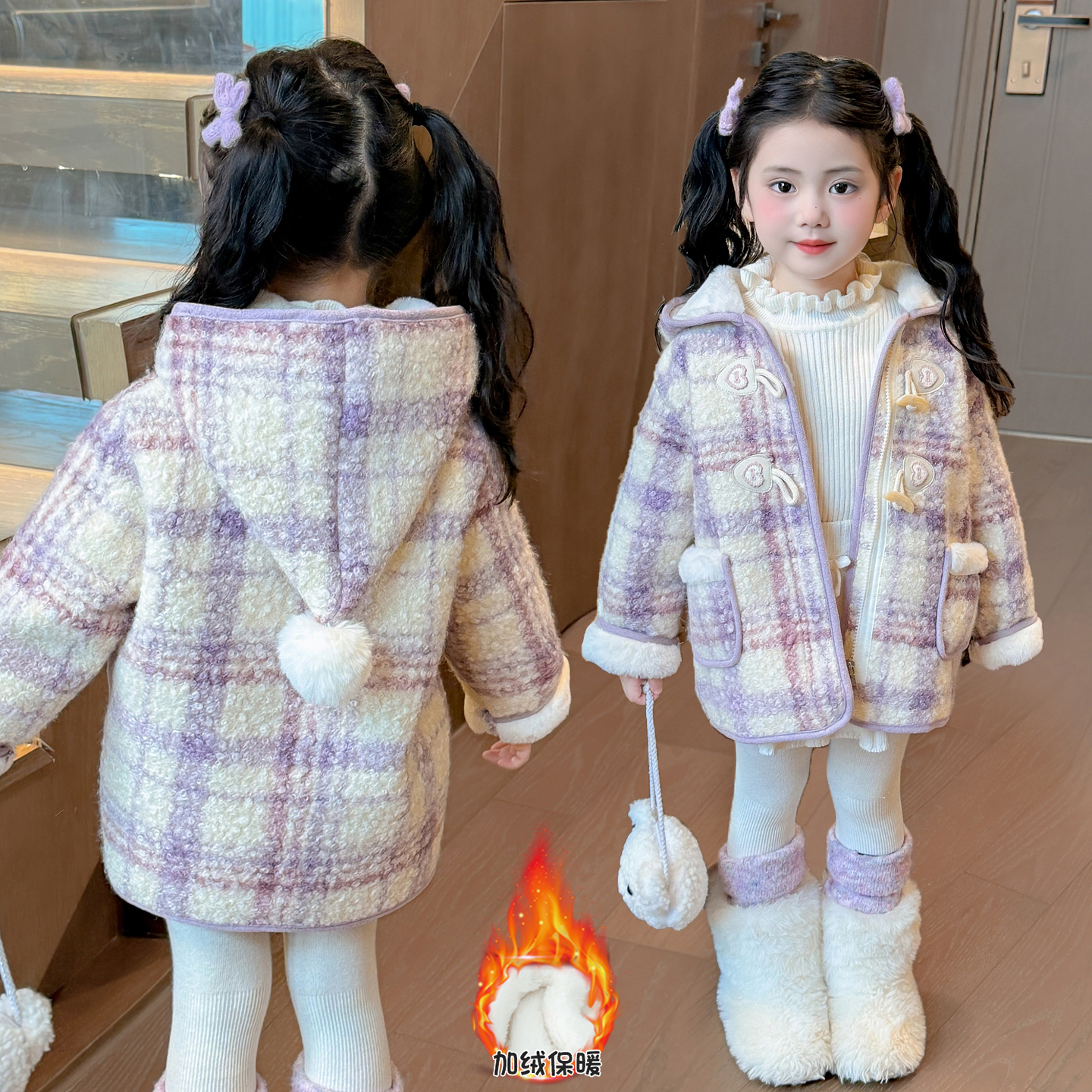 女童洋气宝宝秋冬季格子外套儿童韩版大衣加厚毛呢中长款加绒冬装