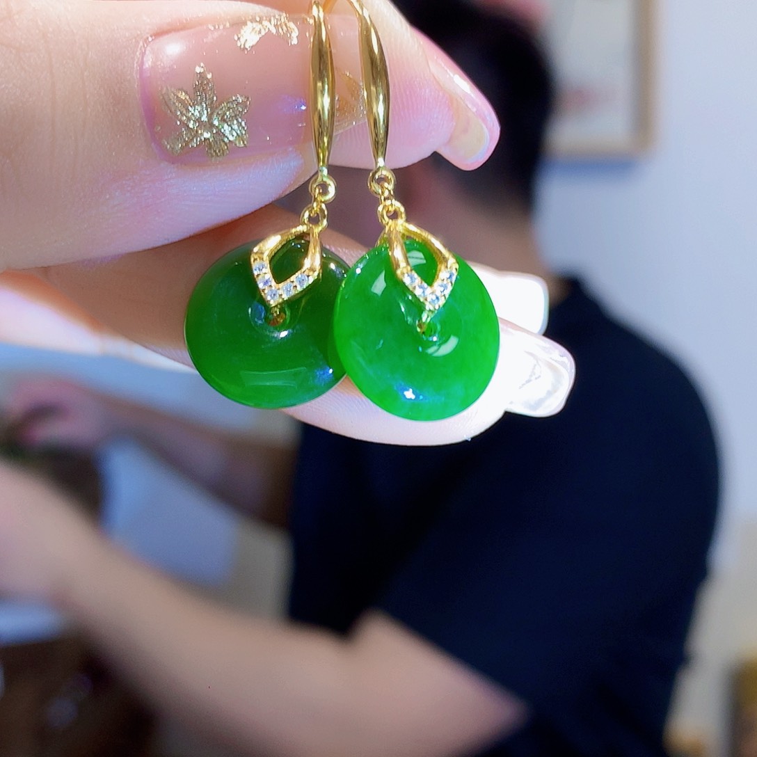 和田玉（碧玉）耳饰银S925镀金镶嵌