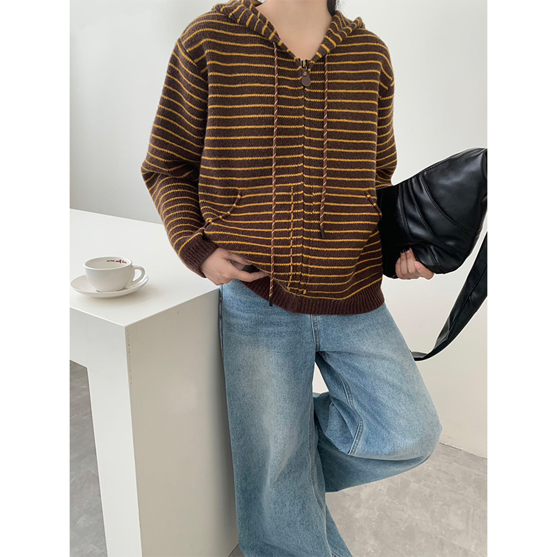 【丹姐家~复古条纹开衫】秋上新条纹连帽拉链百搭时尚保暖开衫