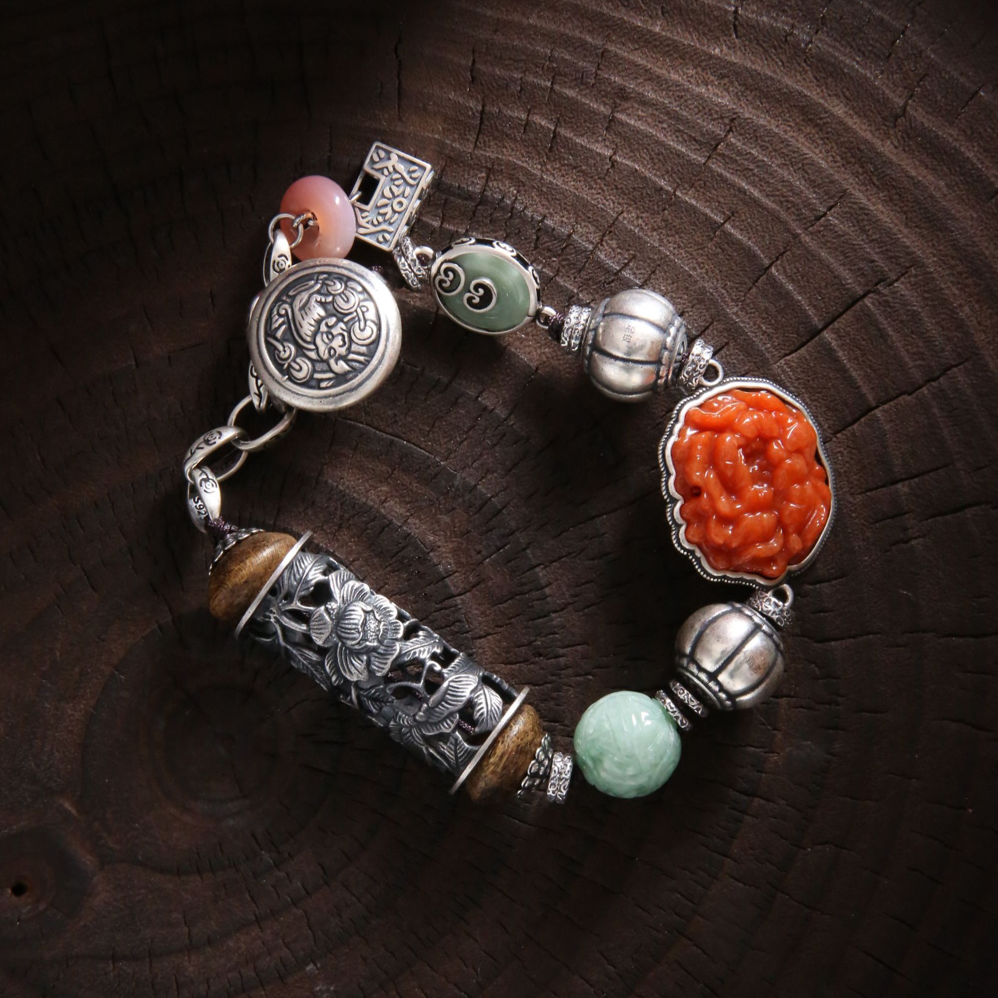 925银手链 柒 S10181 红色雕刻牡丹花镂空桶珠瓜珠手链民族风手串