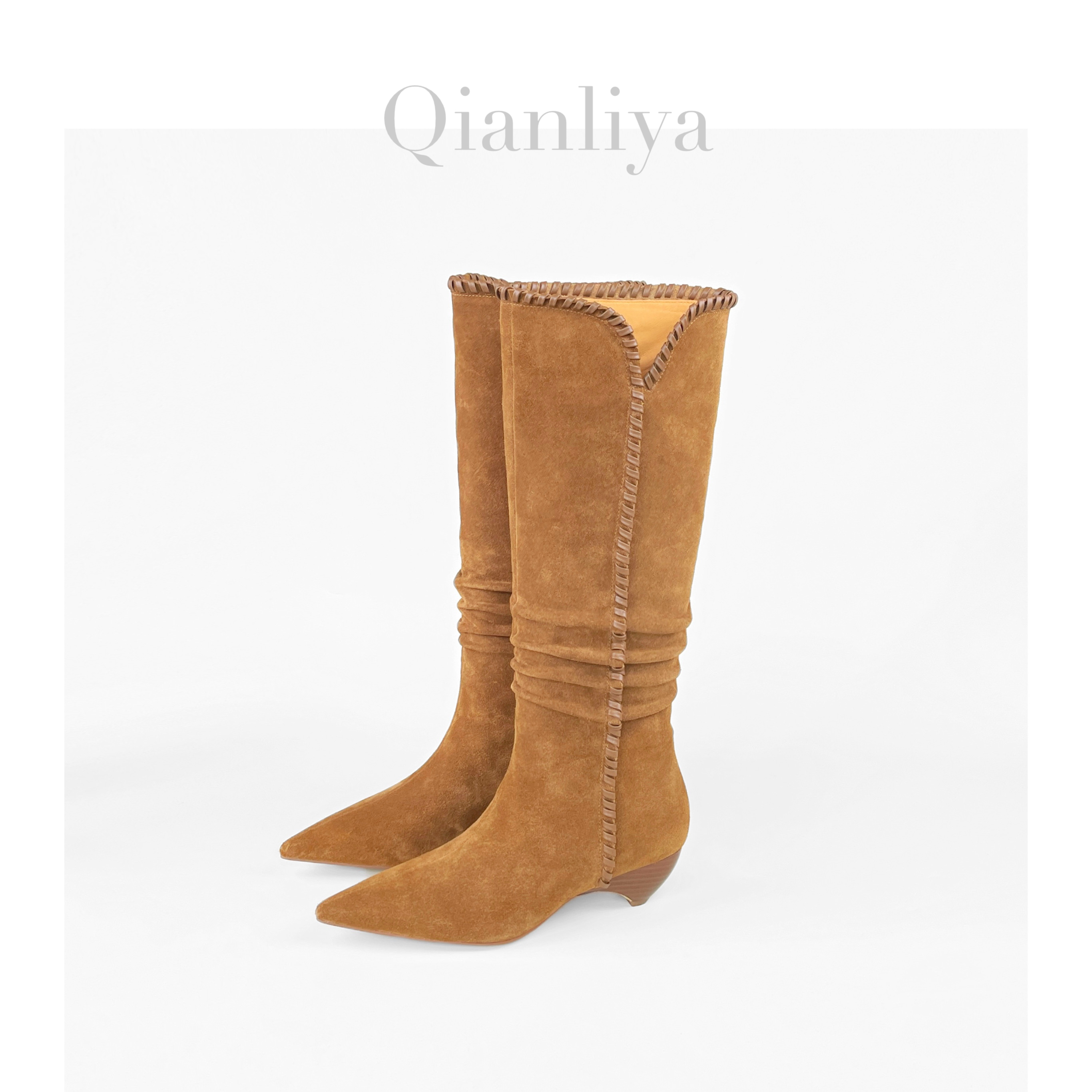 【YS】露丝同款复古时装靴编织异性跟时尚瘦瘦靴百搭尖头高筒靴5489