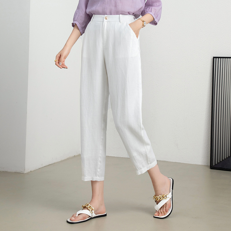 2025夏季高腰显瘦薄款天然亚麻宽松白色防透九分哈伦裤